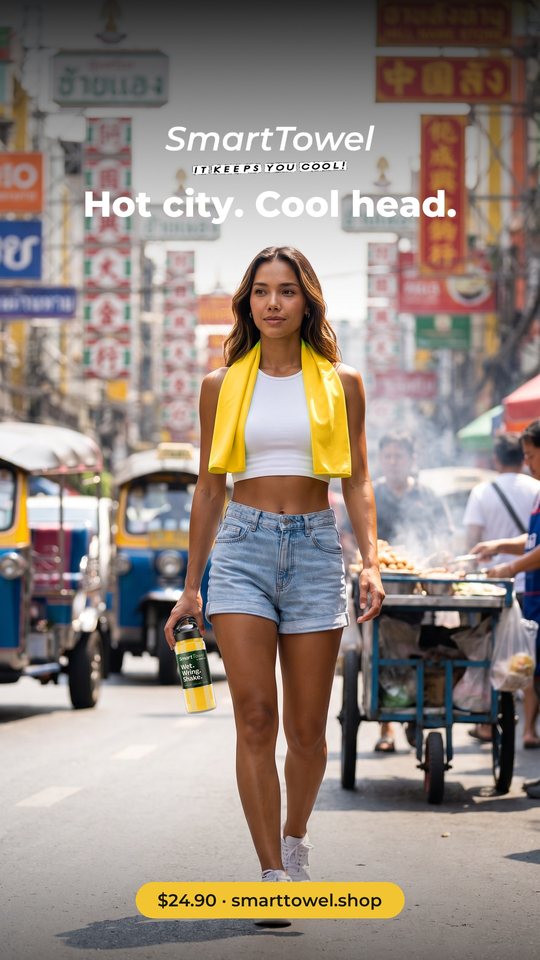 Smart Towel ad 04: Hot city. Cool head. Wet it, wring it, shake it.