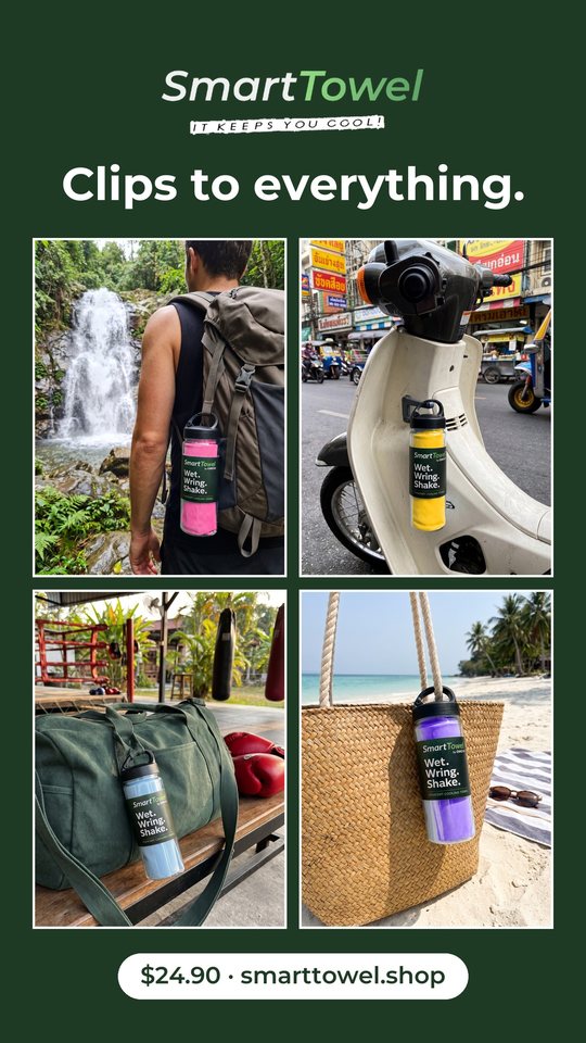 Smart Towel ad 24: Bag, scooter, gym, beach. It clips to everything.