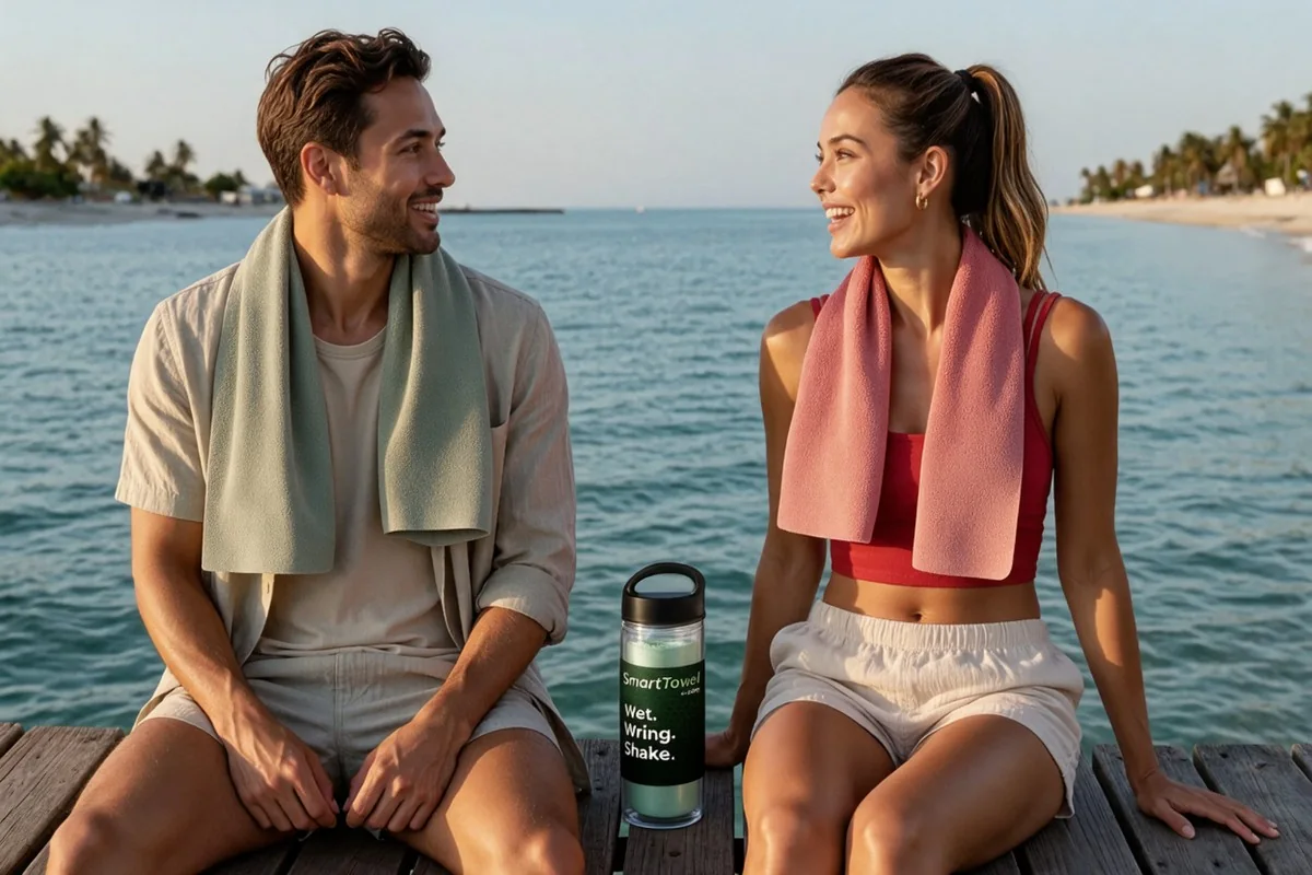 A couple sitting on a teak jetty over clear water with Blossom Pink and Storm Grey Smart Towels around their necks