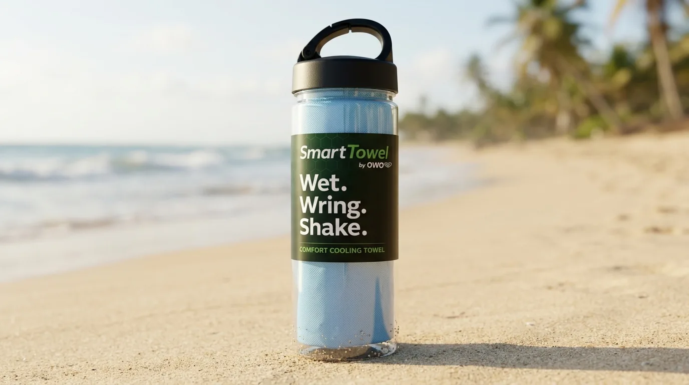 Smart Towel packed inside its reusable carry bottle with carabiner clip, standing on the beach