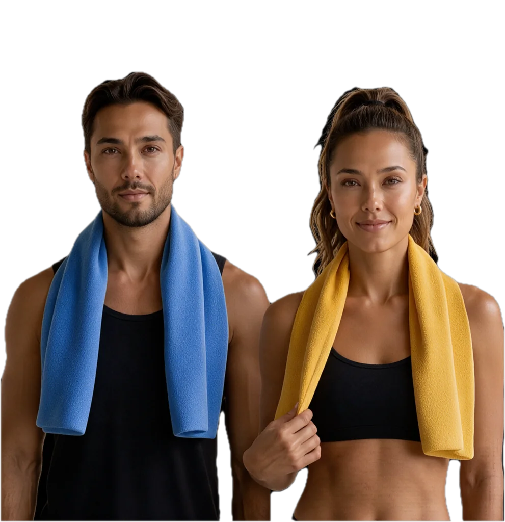 Two athletes wearing Smart Towel cooling towels around their necks after a workout